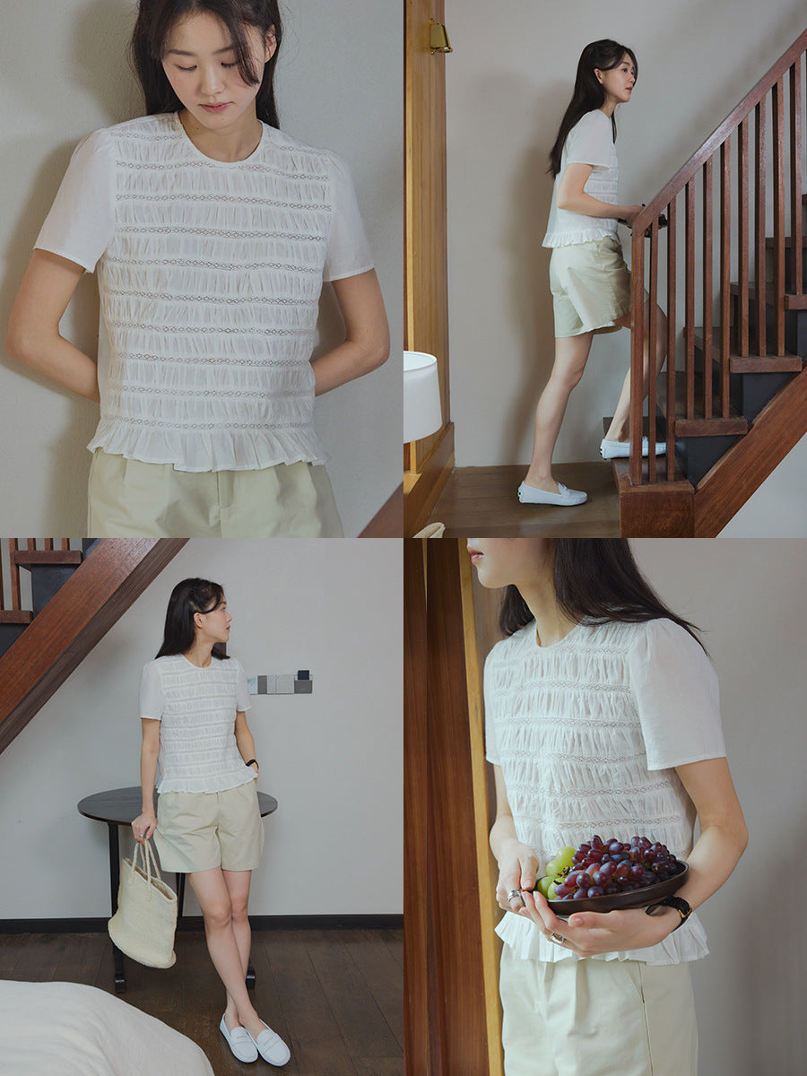 Heavy industry lace splicing round neck meat-covering and thin shirt summer short sleeves