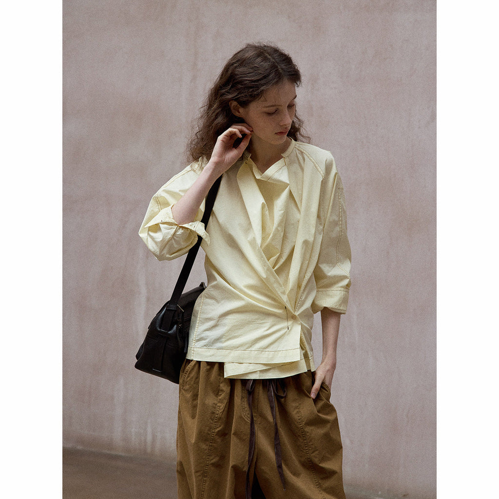 Swinging neck pleated irregular shirt daily commute versatile design long-sleeved top