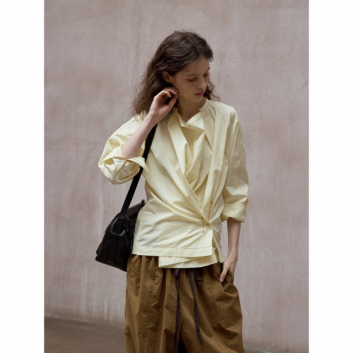 Swinging neck pleated irregular shirt daily commute versatile design long-sleeved top