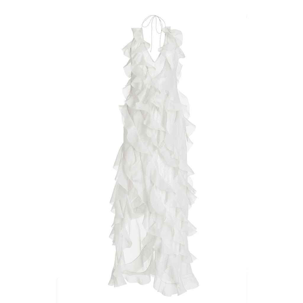 Dress sexy deep V through meat suspender dress, high split ruffle edge cake dress