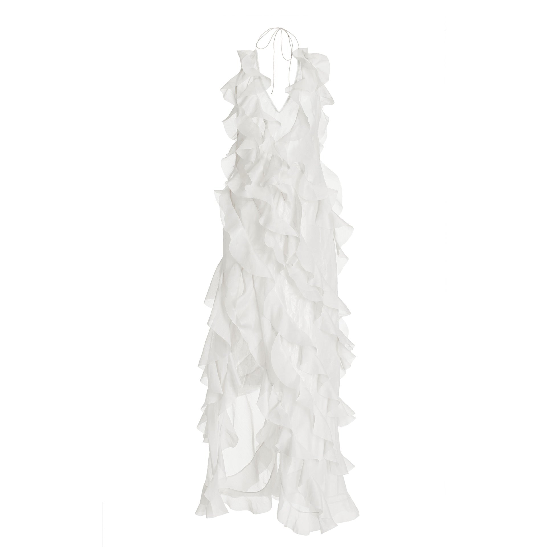 Dress sexy deep V through meat suspender dress, high split ruffle edge cake dress