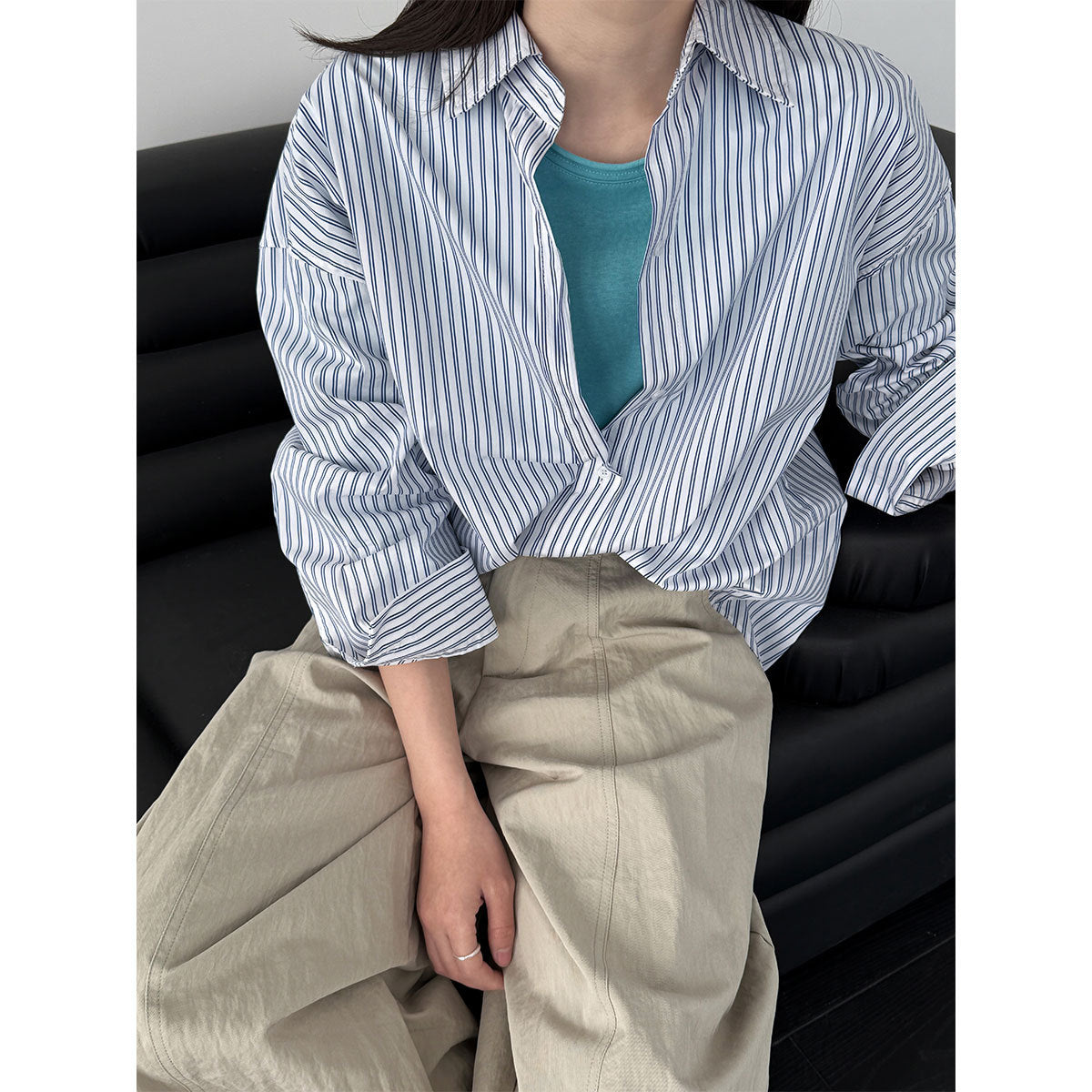 Simple loose shoulder casual vertical striped shirt women's 26 spring new high-end top jacket