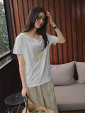 One-word collar slanted shoulder short-sleeved water lazy skin-friendly fruit print summer short-sleeved T-shirt