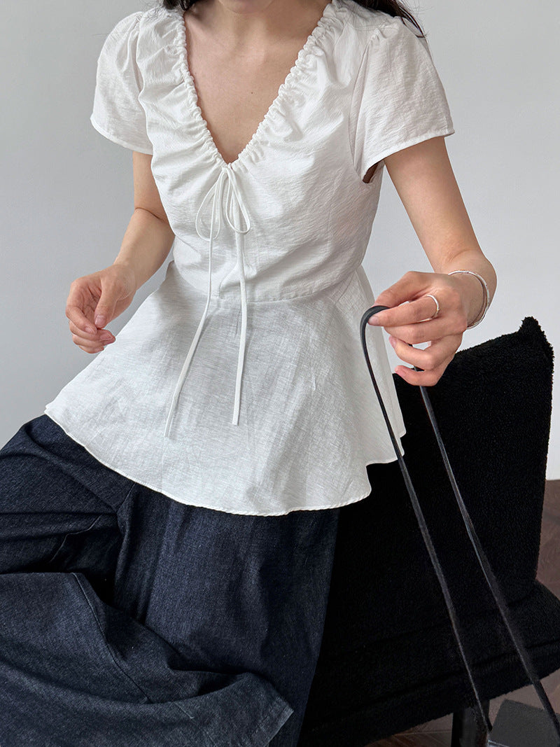 French retro V-neck pleated lace-up shirt short-sleeved women's summer new waist T-shirt top shirt