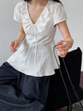 French retro V-neck pleated lace-up shirt short-sleeved women's summer new waist T-shirt top shirt