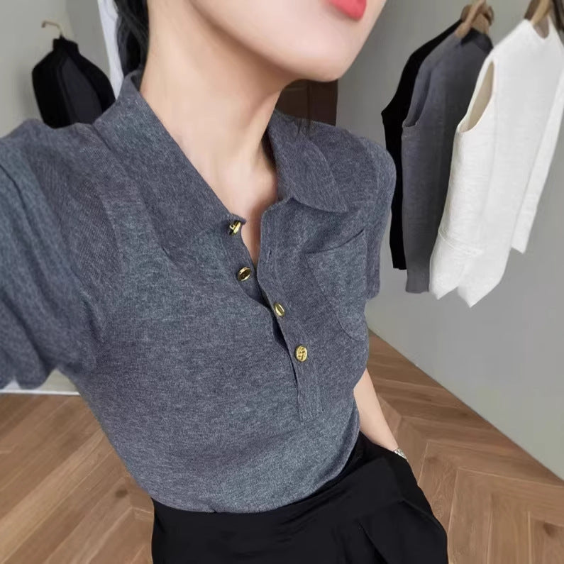 Polo Collar Short Sleeve T-Shirt Women Slim Fit Knitted Ice Silk Top