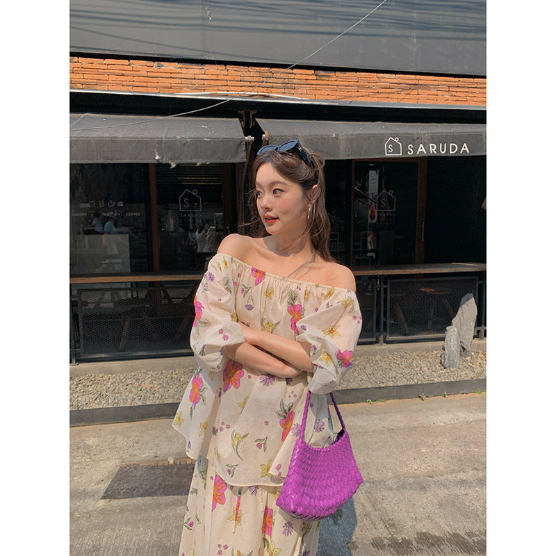 Japanese Floral Off-Shoulder Chiffon Top