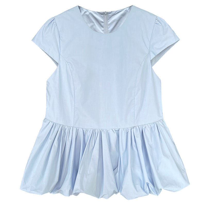 Temperament versatile splicing pleated hem lace T-shirt spring and summer new simple niche top short sleeve