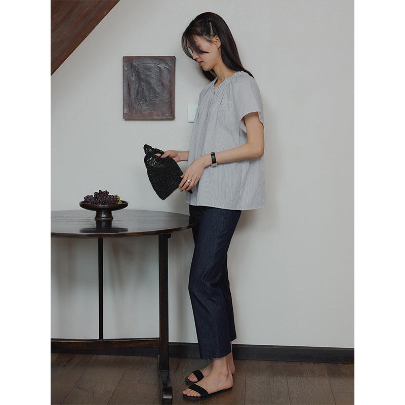 Japanese lazy fungus edge striped loose crew neck one-word neck shirt