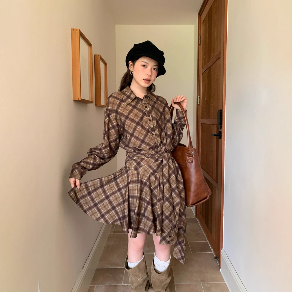 Literary retro waist plaid shirt dress