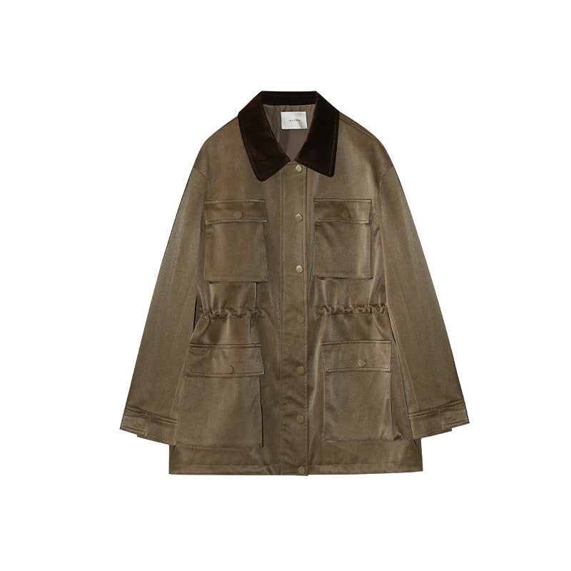 Women's Multi-Pocket PU Leather Lapel Long Sleeve Workwear Jacket