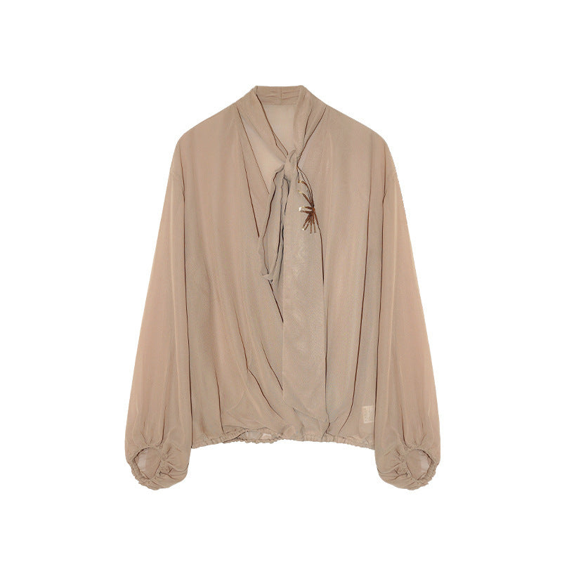 Gentle and beautiful temperament thin streamer v-neck long-sleeved shirt