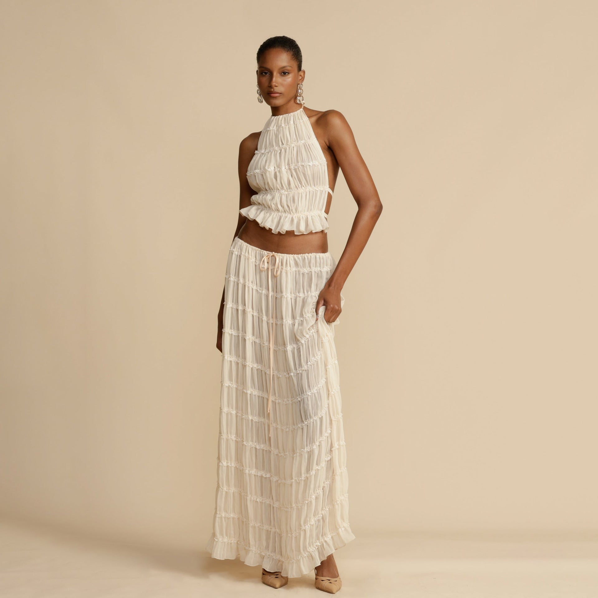 Halter lace-up neck top set
