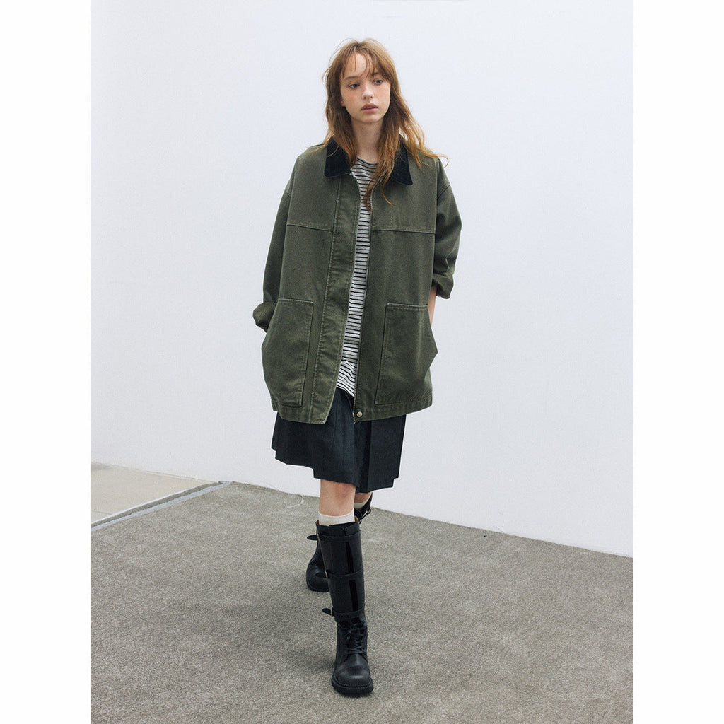 Autumn casual lapel Barn wind contrasting color silhouette large version cotton medium and long coat