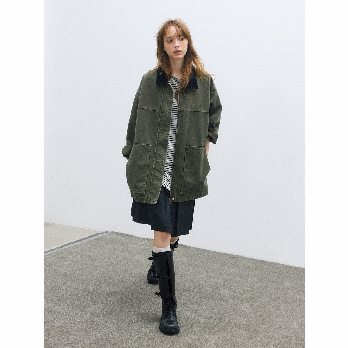 Autumn casual lapel Barn wind contrasting color silhouette large version cotton medium and long coat