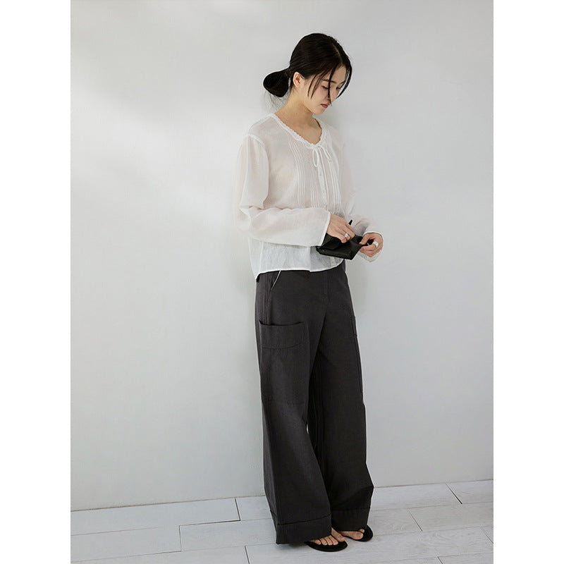 Tencel ramie pleated texture v-neck lazy lace shirt lazy shirt