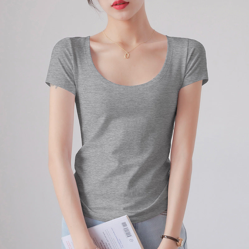 Round Neck Short Sleeve T-Shirt Women Slim Fit Cotton Base Layer Top