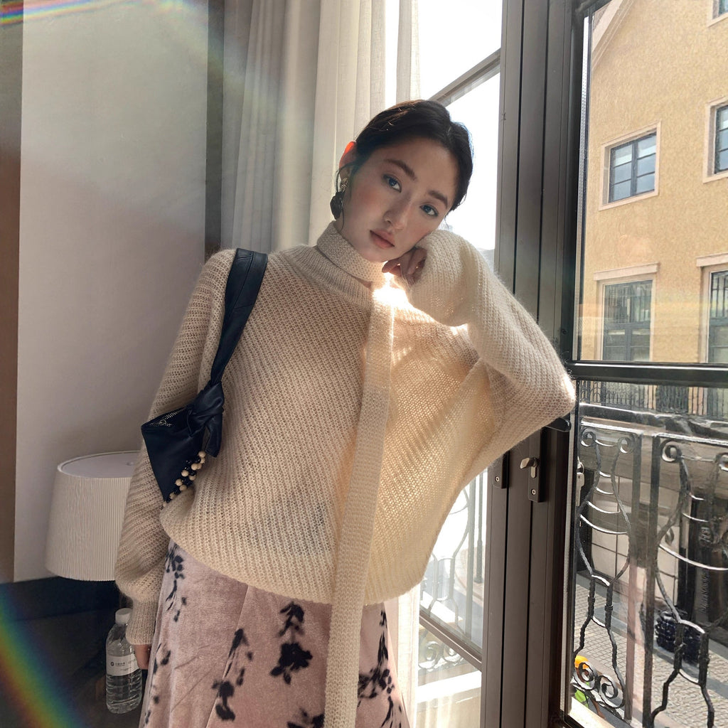 Lazy loose merino wool soft waxy diagonal neck off-the-shoulder sweater women