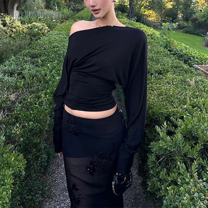 Diagonal Neck Off-Shoulder Long Sleeve Slim T-Shirt