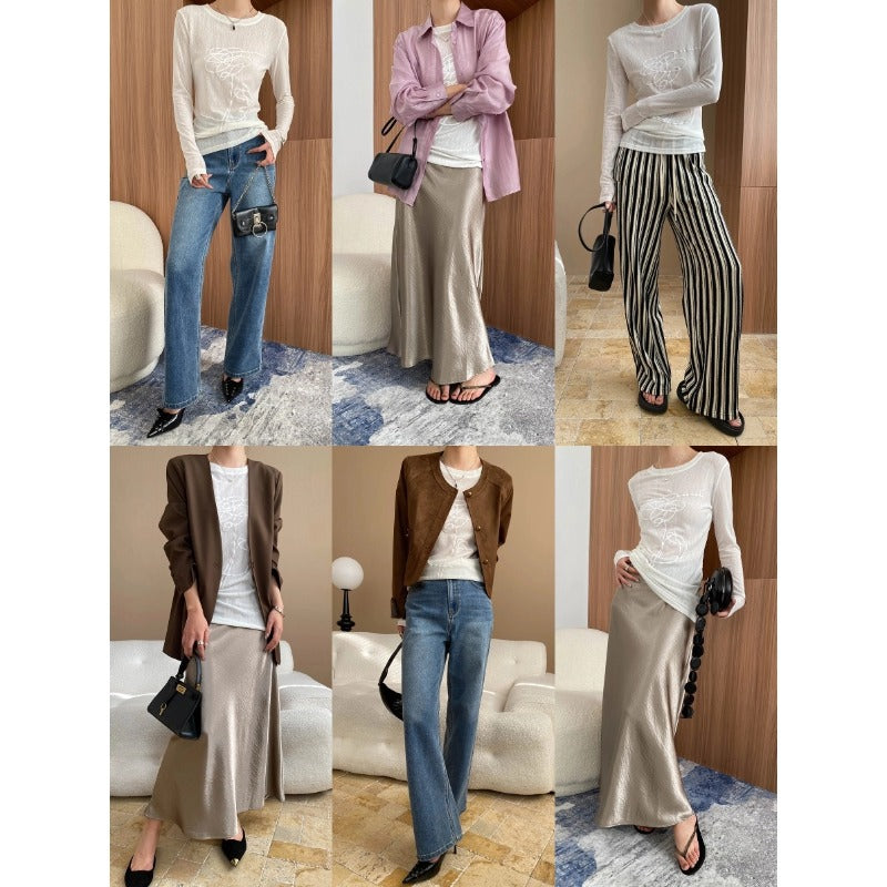 Round Neck Long Sleeve T-Shirt Women Sheer Pullover Mid-Length Top