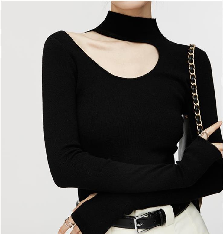 Semi-Turtleneck Long Sleeve Sweater Women Off-Shoulder Hollow Knit Top
