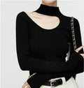 Semi-Turtleneck Long Sleeve Sweater Women Off-Shoulder Hollow Knit Top