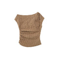 French design temperament slim-fit plaid slanted shoulder top