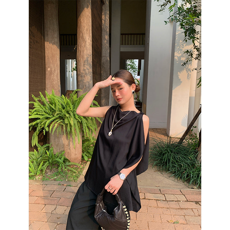 Spring fashion temperament pure desire wind Tencel texture sleeveless swinging neck chiffon shirt