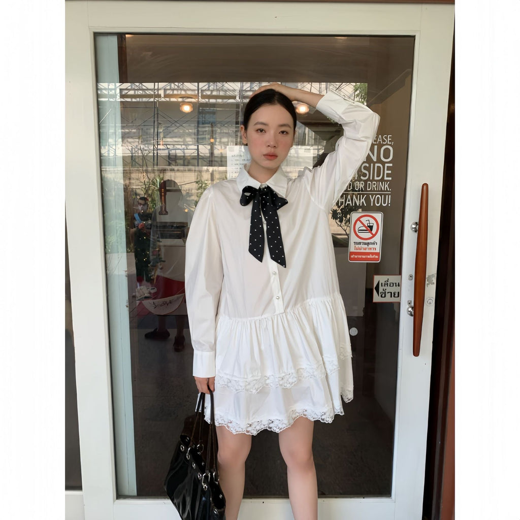 College style age-reducing temperament bow shirt dress
