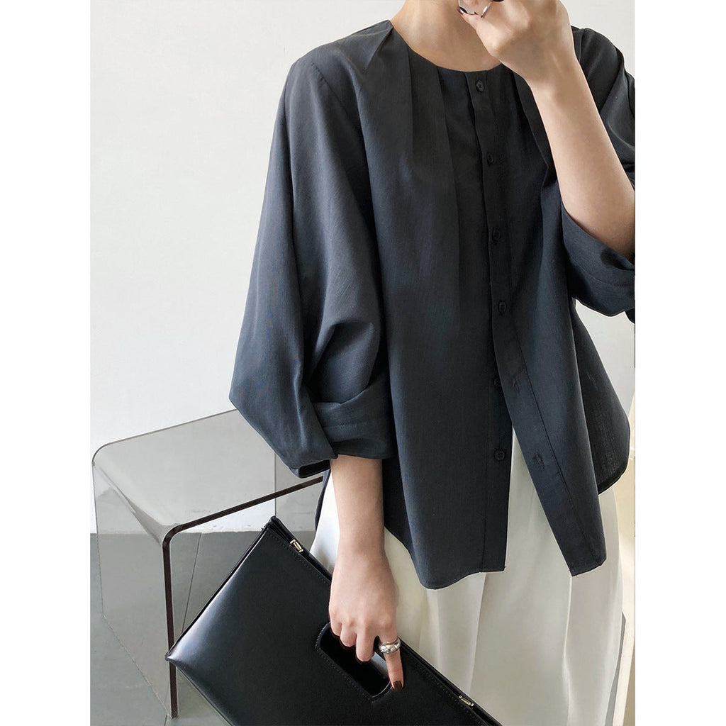 Cotton and linen texture lantern sleeve shirt