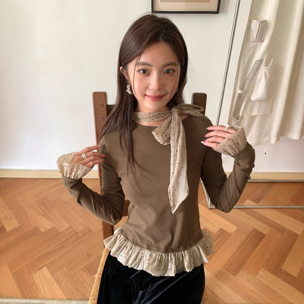 Court style sweet age-reducing bow long-sleeved knitted sweater for women