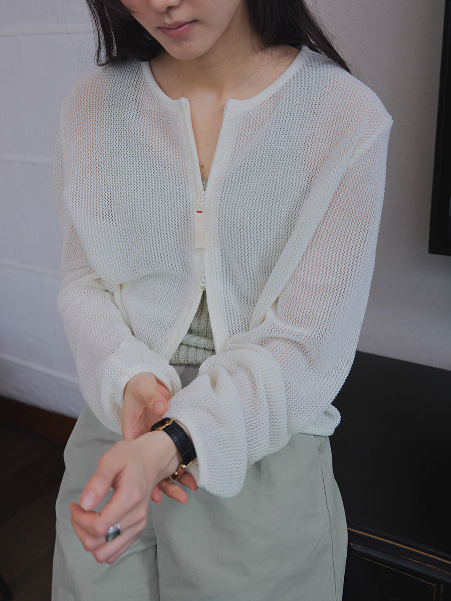 Double-ended zipper gentle white hollow knitted sunscreen shirt long sleeves