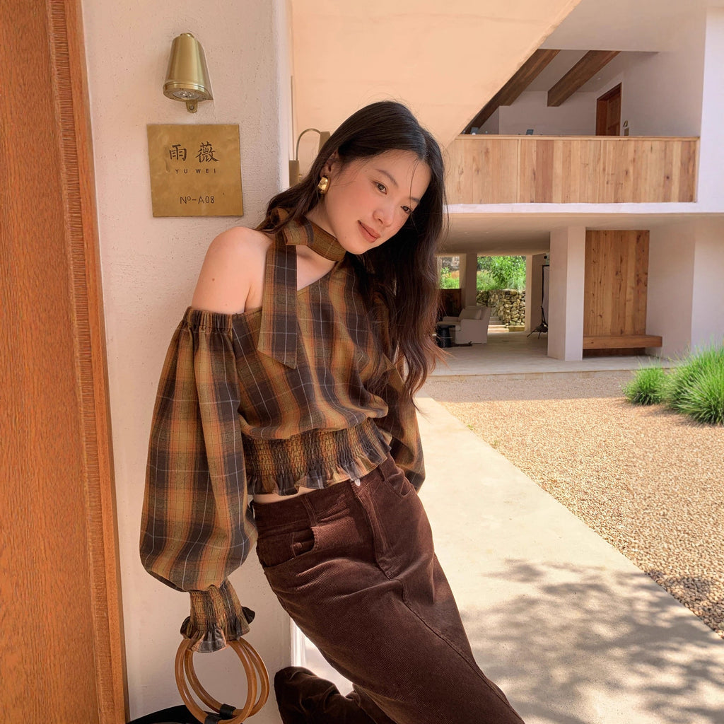 Women's Plaid Print Diagonal Collar Asymmetric Sleeve Waist-Defining Shirt