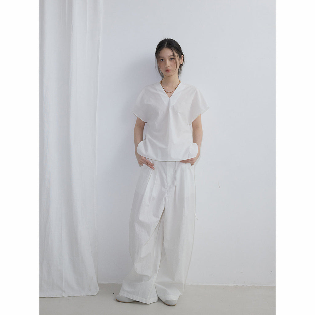 Summer new casual V-neck simple and transparent cotton one-sleeved solid color strap short-sleeved top