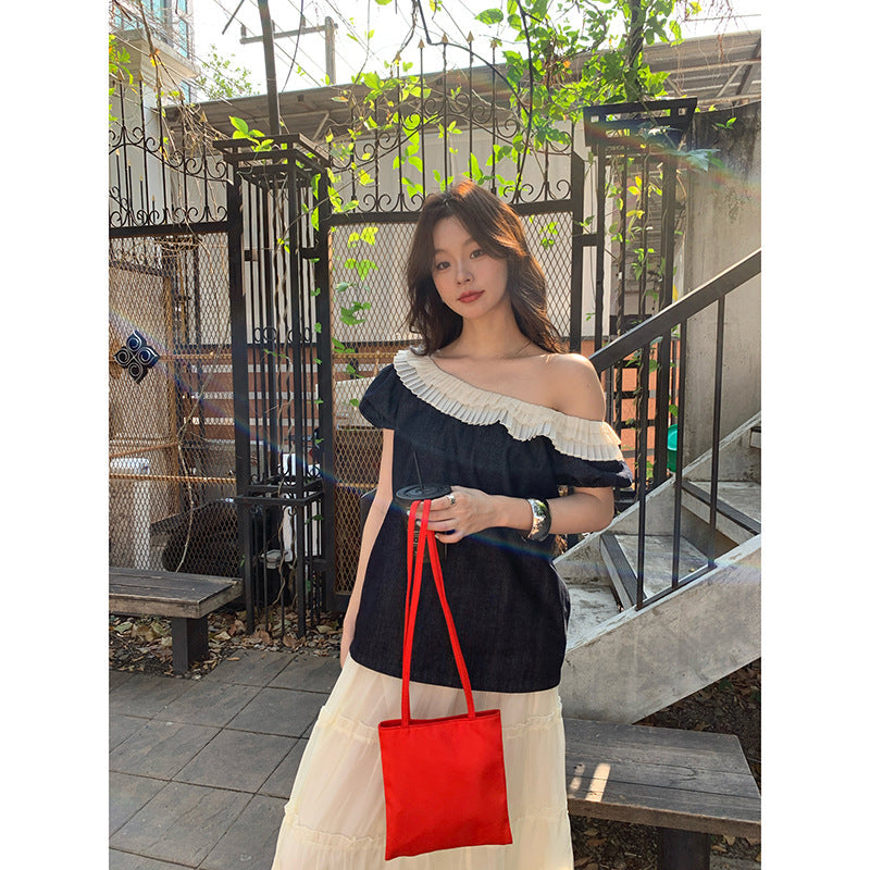 French style retro shirt women's fungus edge denim slanted shoulder top