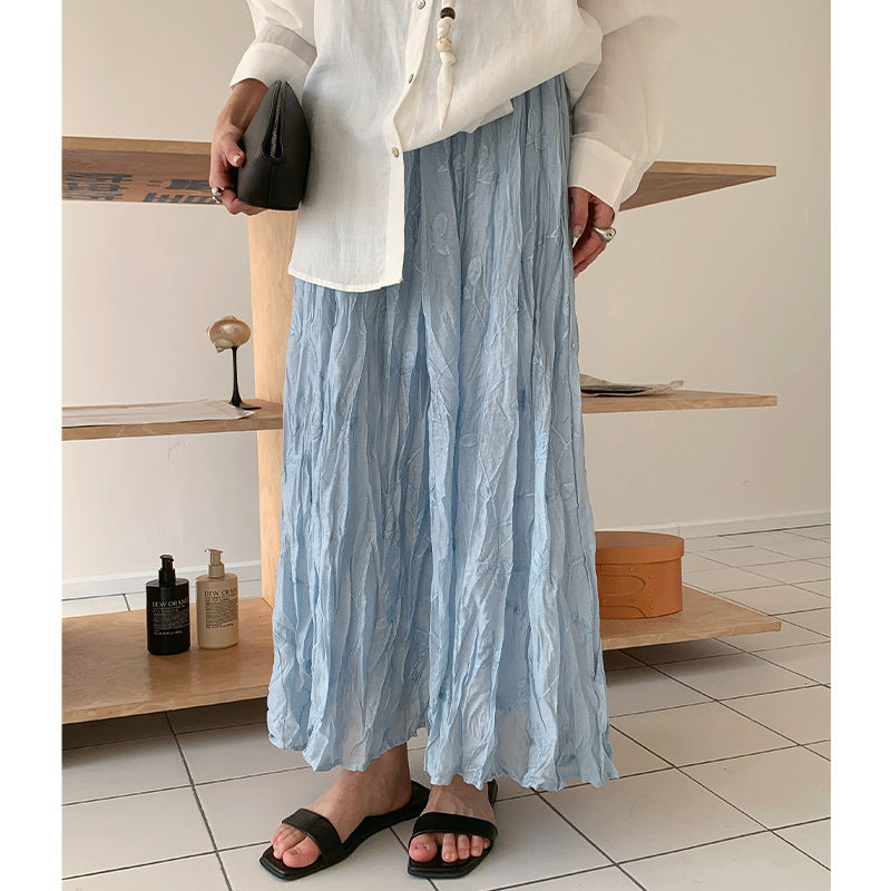 Pleated design embroidered skirt spring elastic waist thin A-shaped long skirt