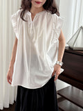Korean version casual lace lotus leaf sleeve shirt top women's summer new V-neck button pleated short sleeve