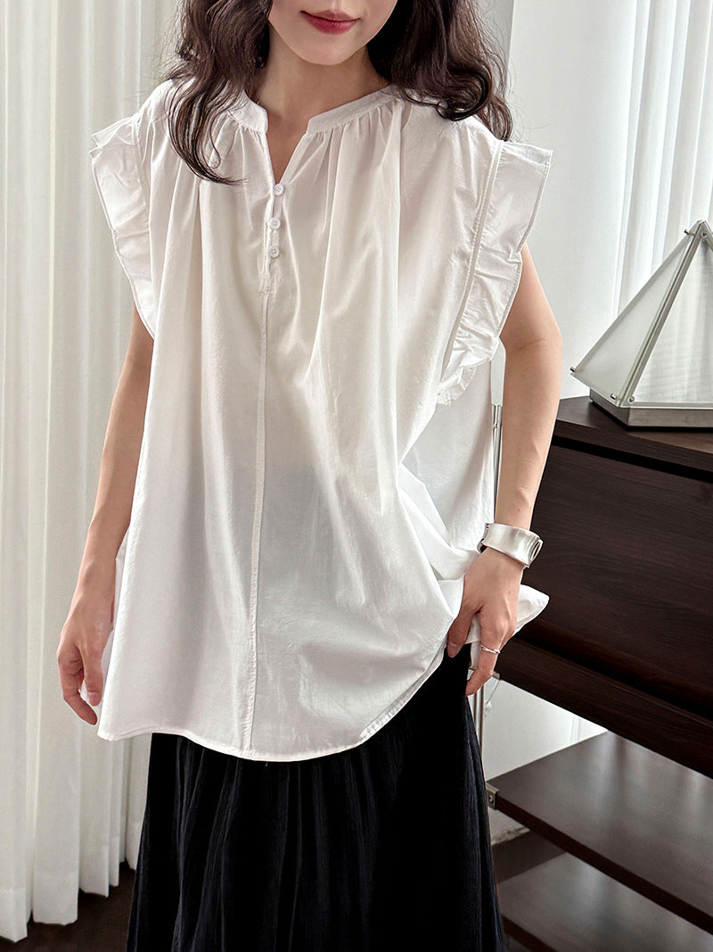 Korean version casual lace lotus leaf sleeve shirt top women's summer new V-neck button pleated short sleeve