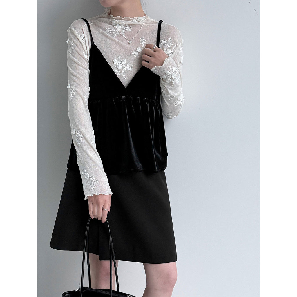 Korean temperament stacked high-end velvet sling vest spring v-neck meat-covering top