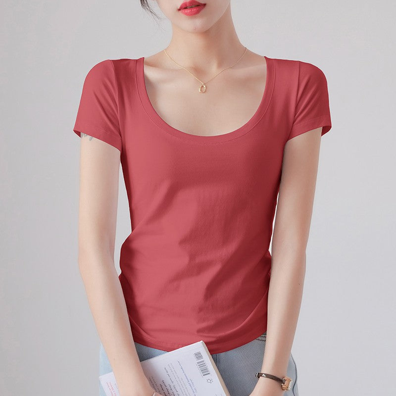 Round Neck Short Sleeve T-Shirt Women Slim Fit Cotton Base Layer Top