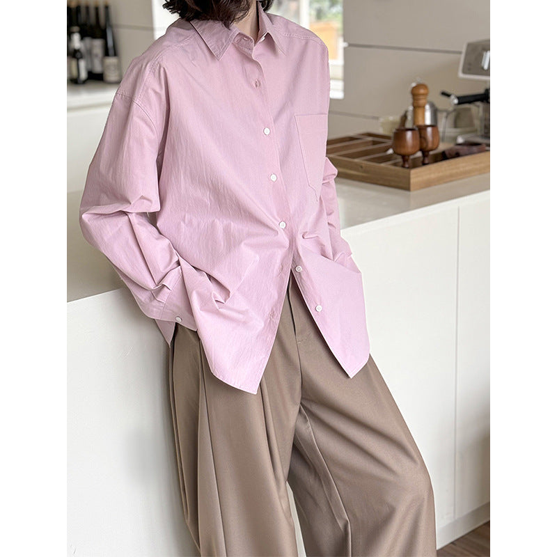 Lapel Long Sleeve Shirt Women Button-Up Solid Color Korean Style Top