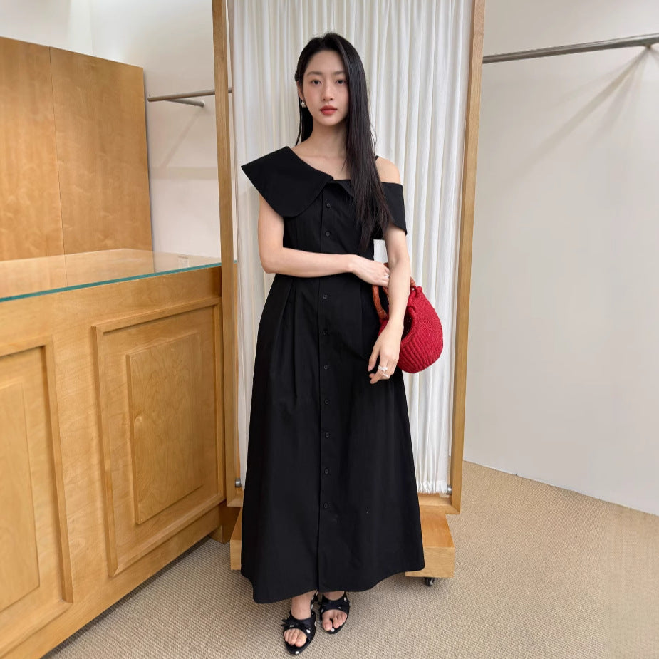 Temperament Single-breasted slanted neck ruffle edge off-the-shoulder dress