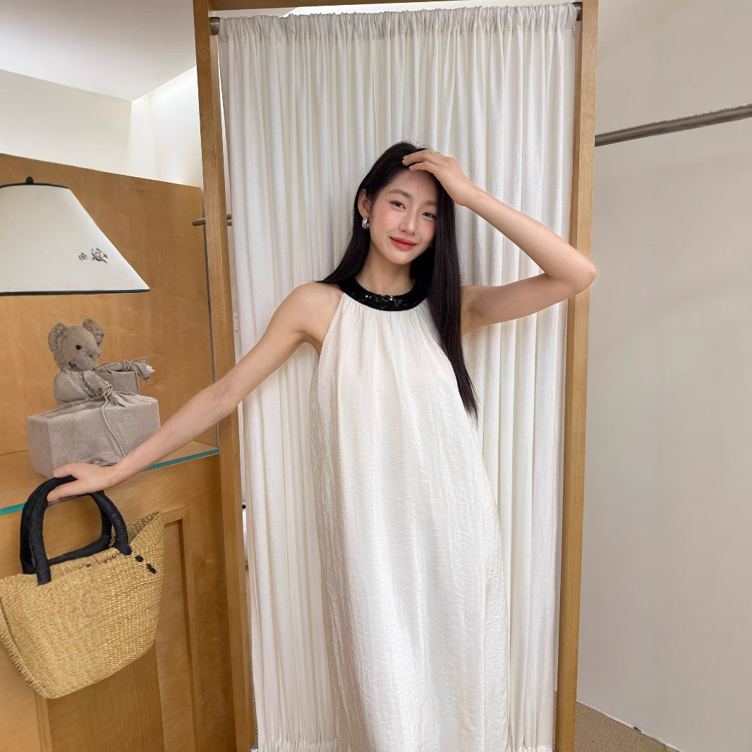 Contrast Color Halter Neck Sleeveless A-Line Maxi Dress