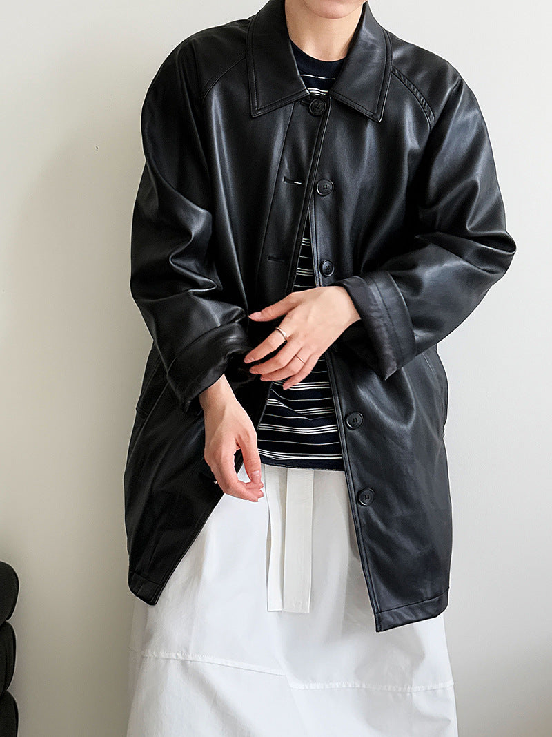 Korean retro high-end black medium and long leather jacket women's autumn new soft waxy leather