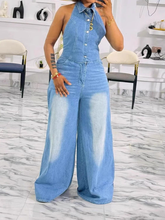 Halter Neck Denim Jumpsuit Women Mid Waist Wide Leg Backless Romper