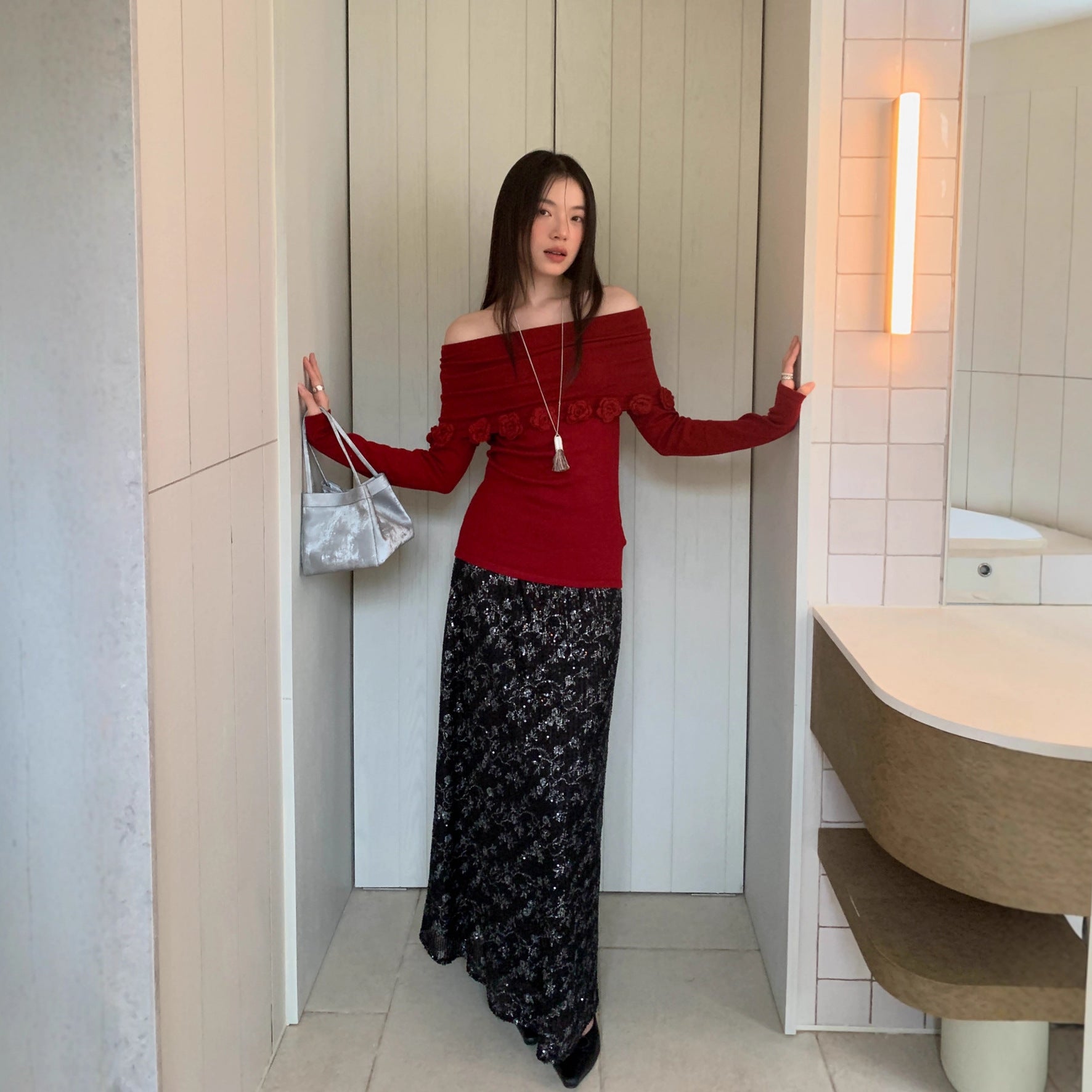 Women's Sequin Embroidered Straight-Cut Maxi Skirt