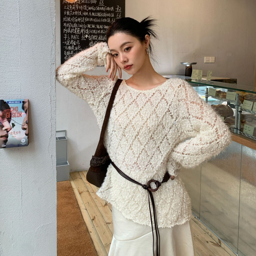 Loose long-sleeved hollow crochet knitted sweater blouse