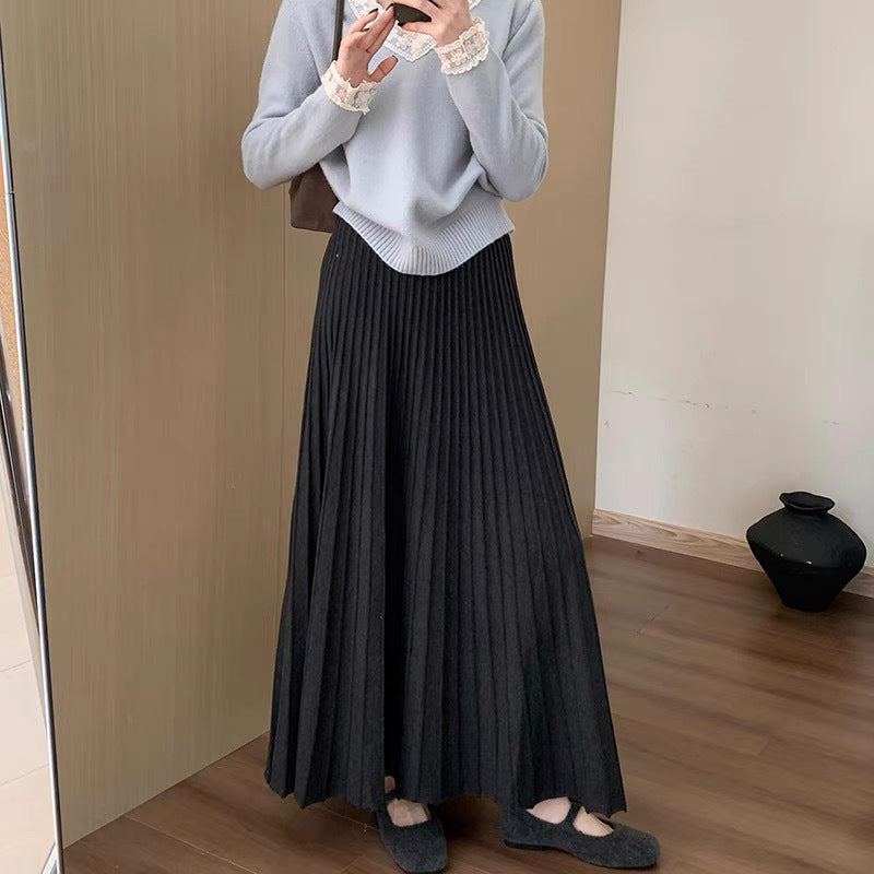High waist and thin medium and long thickened pleated knitted skirt