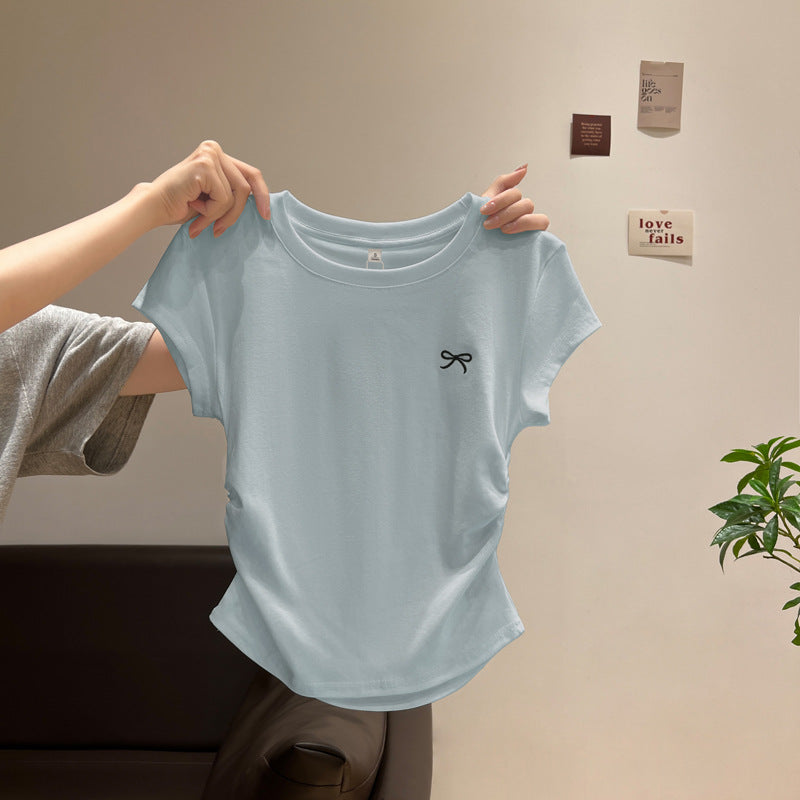 Round Neck Short Sleeve T-Shirt Women Pullover Pleated Embroidered Top