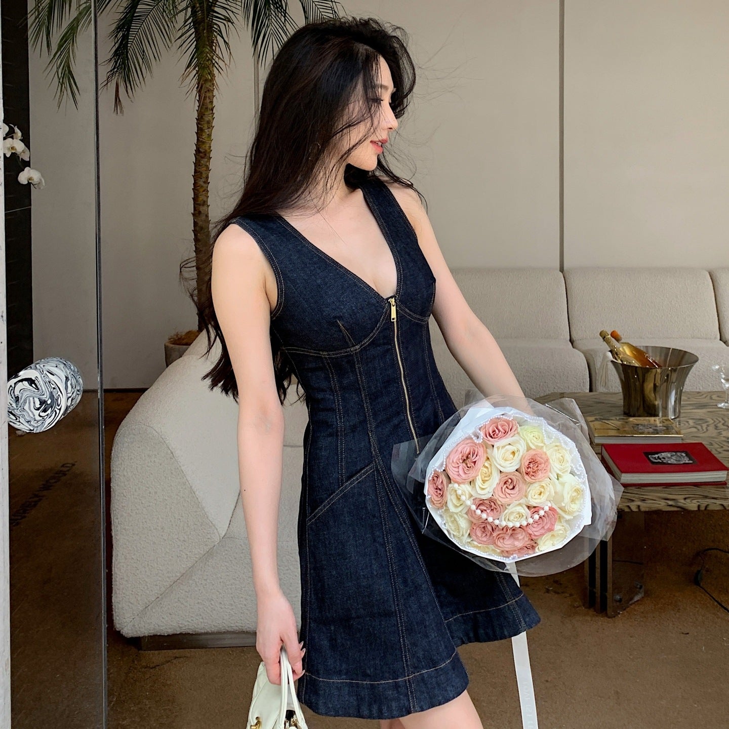 Denim Dress Women V-Neck Sleeveless High Waist A-Line Short